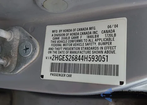 2004 Honda Civic Ex from USA, damaged, VIN 2HGES26844H593051